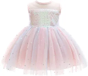 Weileenice Baby Girls Wedding Dress Rainbow Tulle 3D Embroidery Princess Tutu Dresses