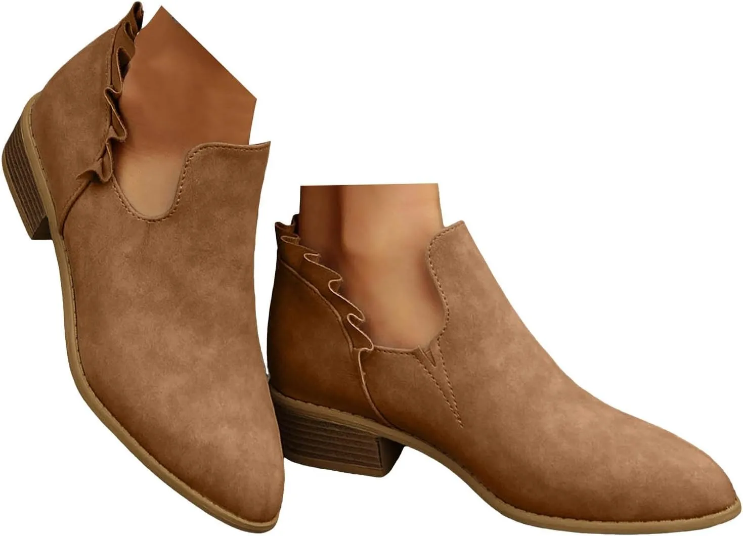 White Cowgirl Boots Woman Side Zipper Ankle Boots Suede Pointy Toe Block Chunky Short Heels Girls Ladies Fall Winter