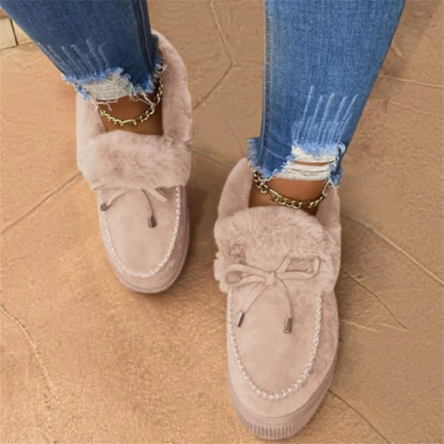 Winter Boots For Women Fashion Warm Snow Fuzzy Ankle Booties Cute Silp On Comfortable Casual Fur Lined Loafers Shoes