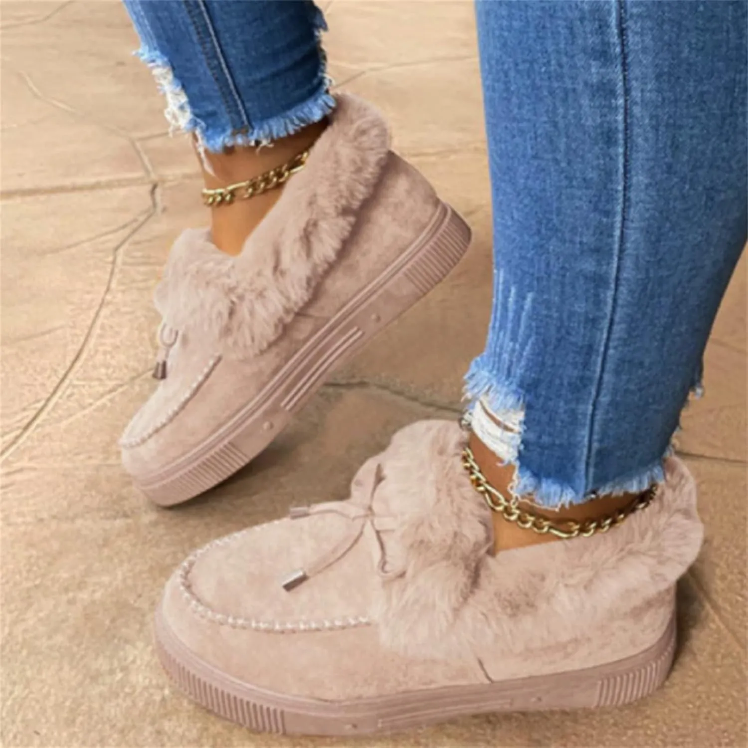 Winter Boots For Women Fashion Warm Snow Fuzzy Ankle Booties Cute Silp On Comfortable Casual Fur Lined Loafers Shoes