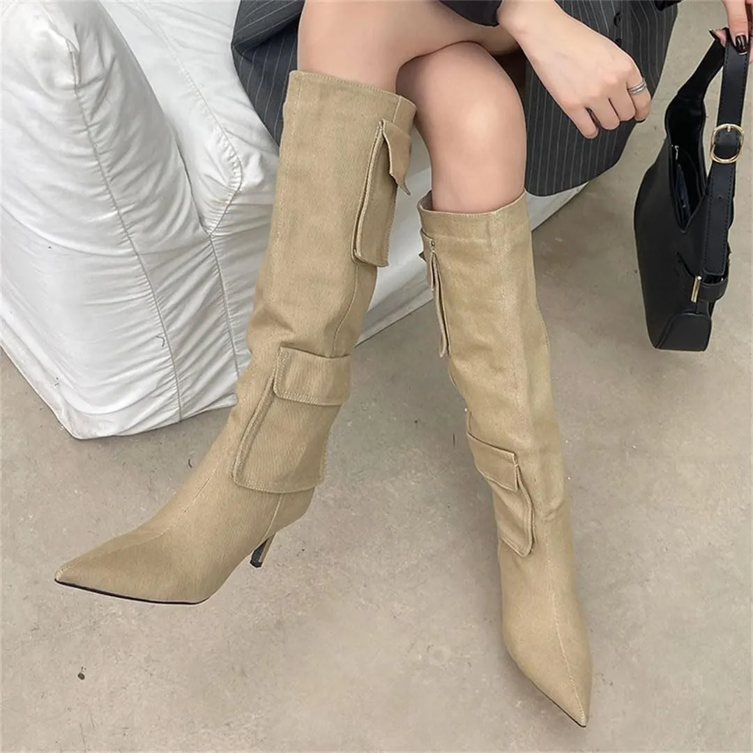 Women Heels Shoes Western Knee High Boots For Pointed Toe Ladies Long Boots Slip On Footwear