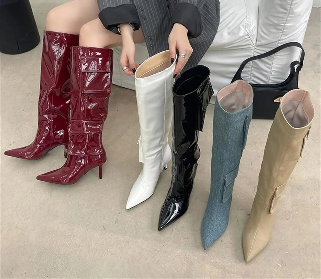 Women Heels Shoes Western Knee High Boots For Pointed Toe Ladies Long Boots Slip On Footwear