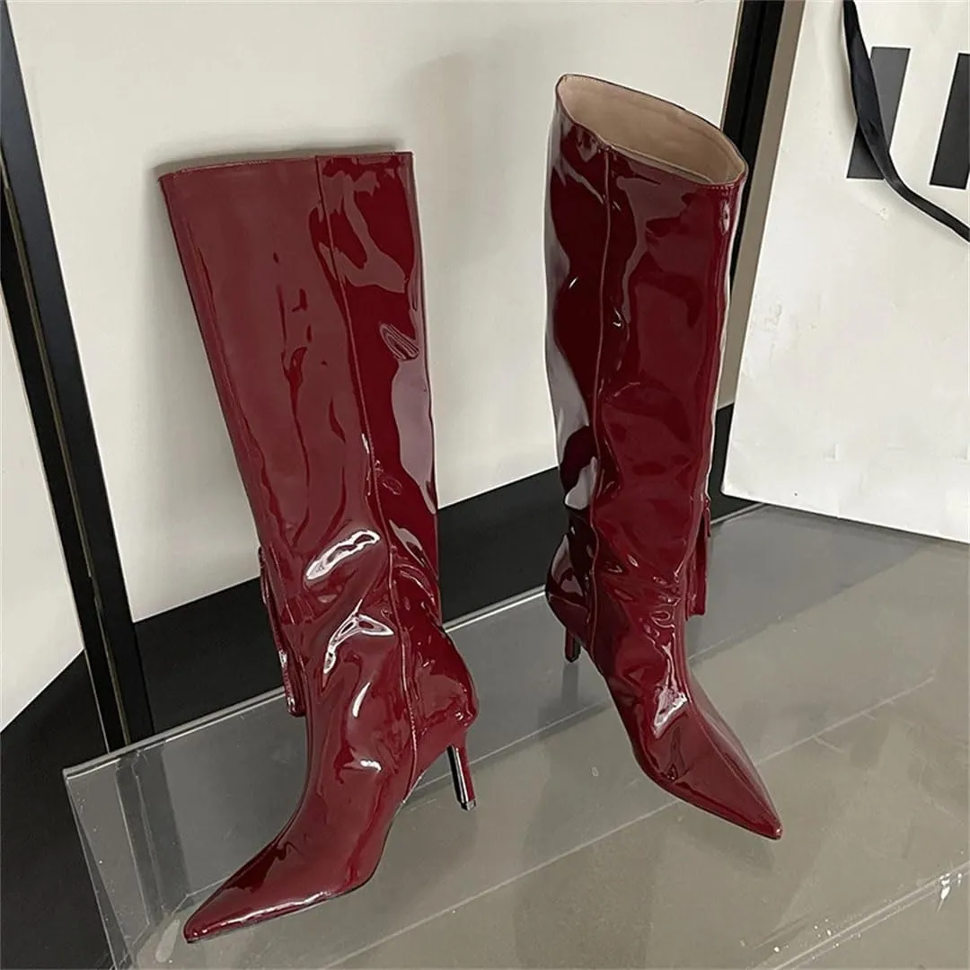 Women Heels Shoes Western Knee High Boots For Pointed Toe Ladies Long Boots Slip On Footwear