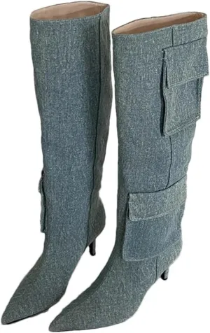 Women Heels Shoes Western Knee High Boots For Pointed Toe Ladies Long Boots Slip On Footwear