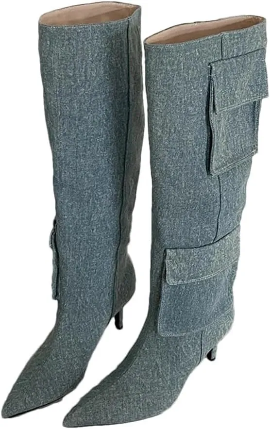 Women Heels Shoes Western Knee High Boots For Pointed Toe Ladies Long Boots Slip On Footwear