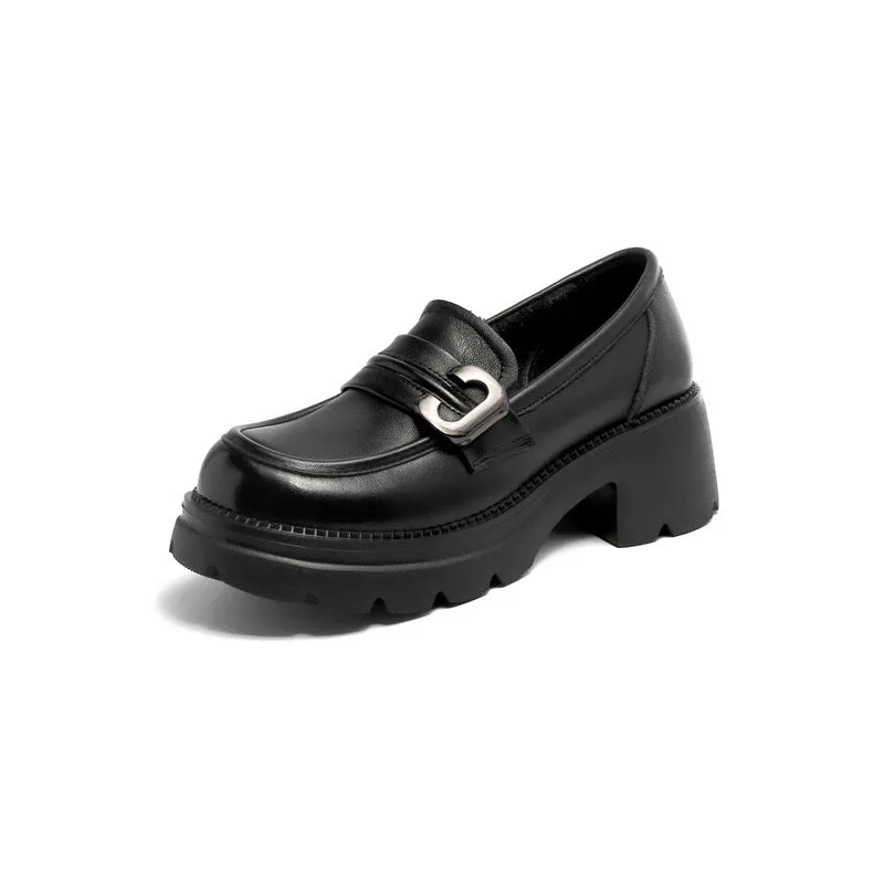 Women Retro Leather Chunky Lug Sole Loafers