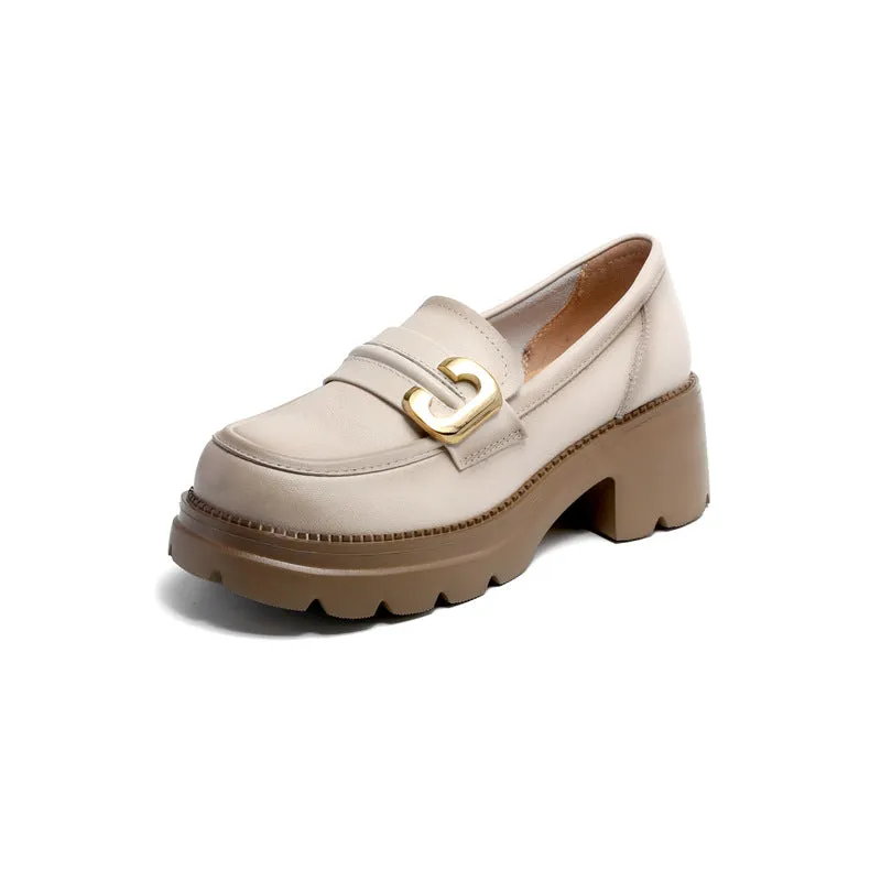 Women Retro Leather Chunky Lug Sole Loafers