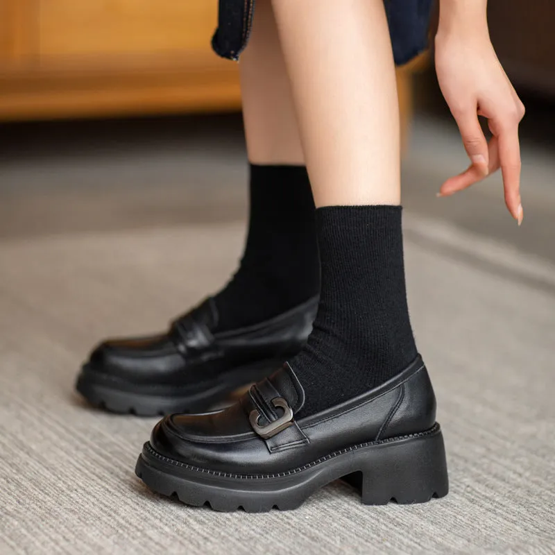 Women Retro Leather Chunky Lug Sole Loafers