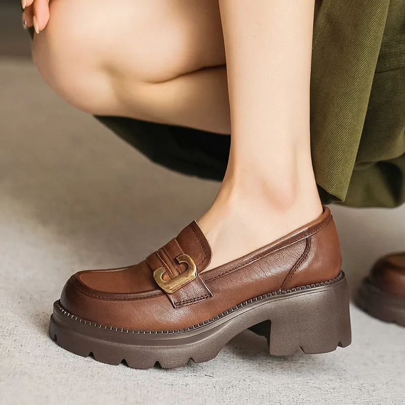 Women Retro Leather Chunky Lug Sole Loafers