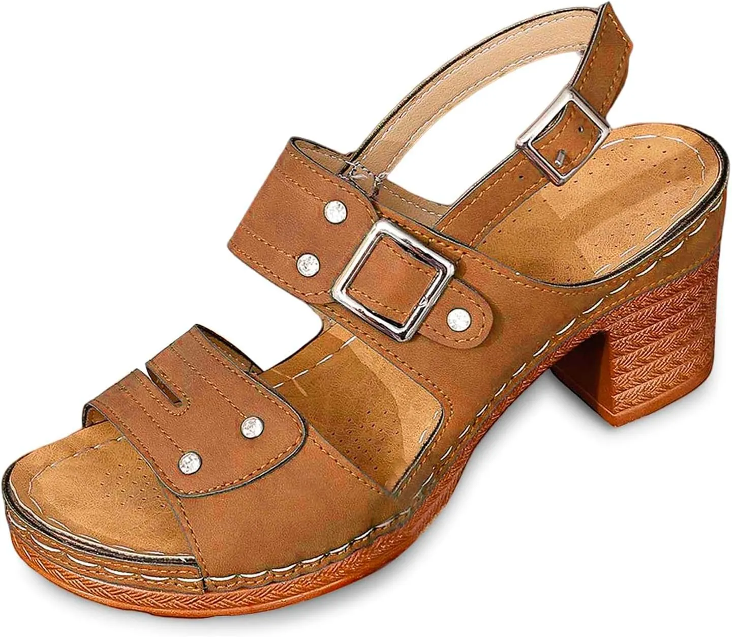 Women Summer Solid Buckle Strap Casual Open Toe Square Heels Comfortable Beach Shoes Sandals Double Buckle Sandals for Women