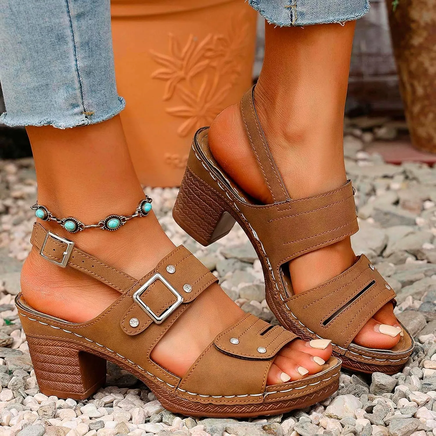 Women Summer Solid Buckle Strap Casual Open Toe Square Heels Comfortable Beach Shoes Sandals Double Buckle Sandals for Women