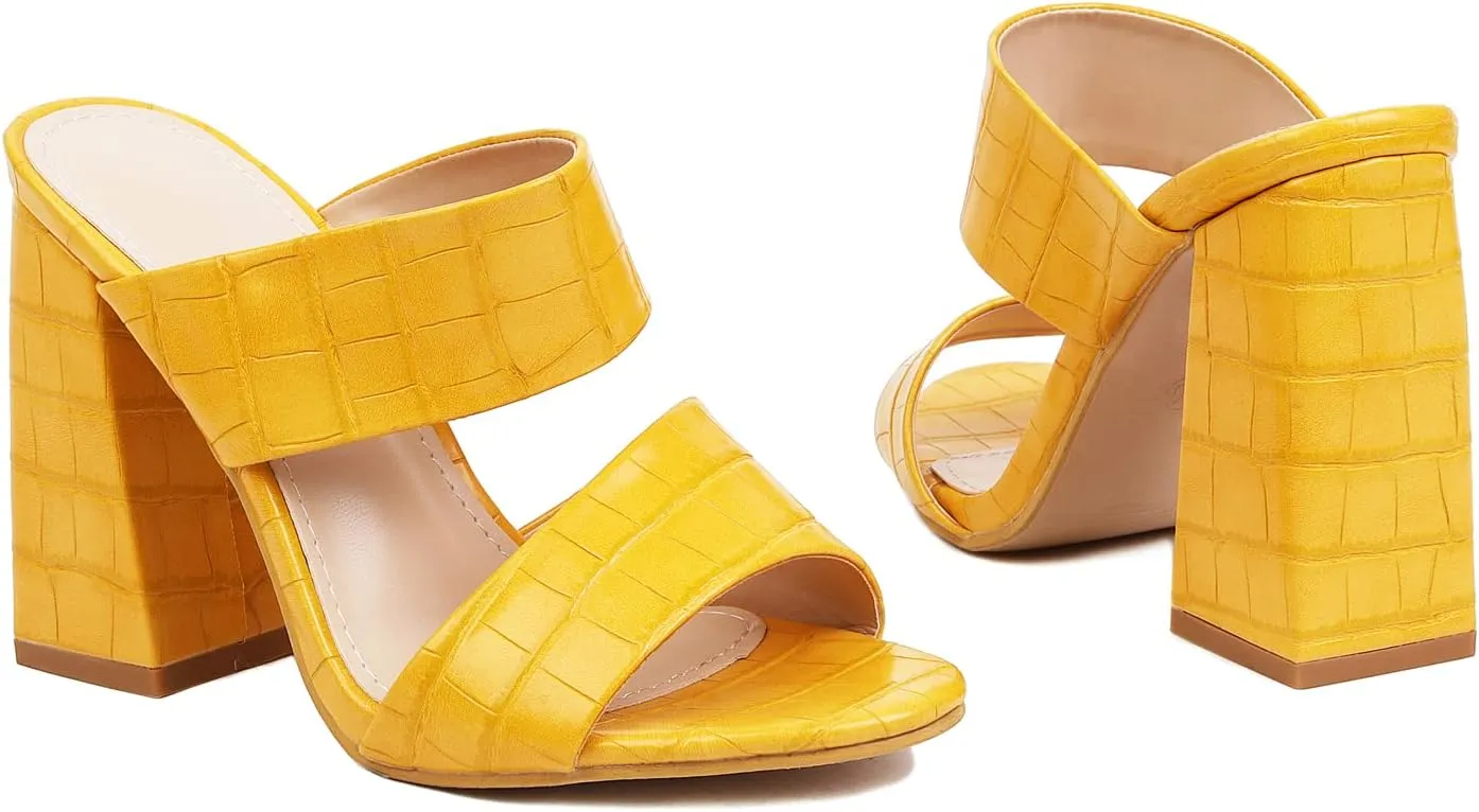 Women Vintage Block Heel Slip on Mule Clogs Double Strap Vegan Leather Sandals High Heeled Summer Pump