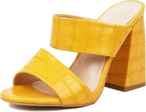 Women Vintage Block Heel Slip on Mule Clogs Double Strap Vegan Leather Sandals High Heeled Summer Pump