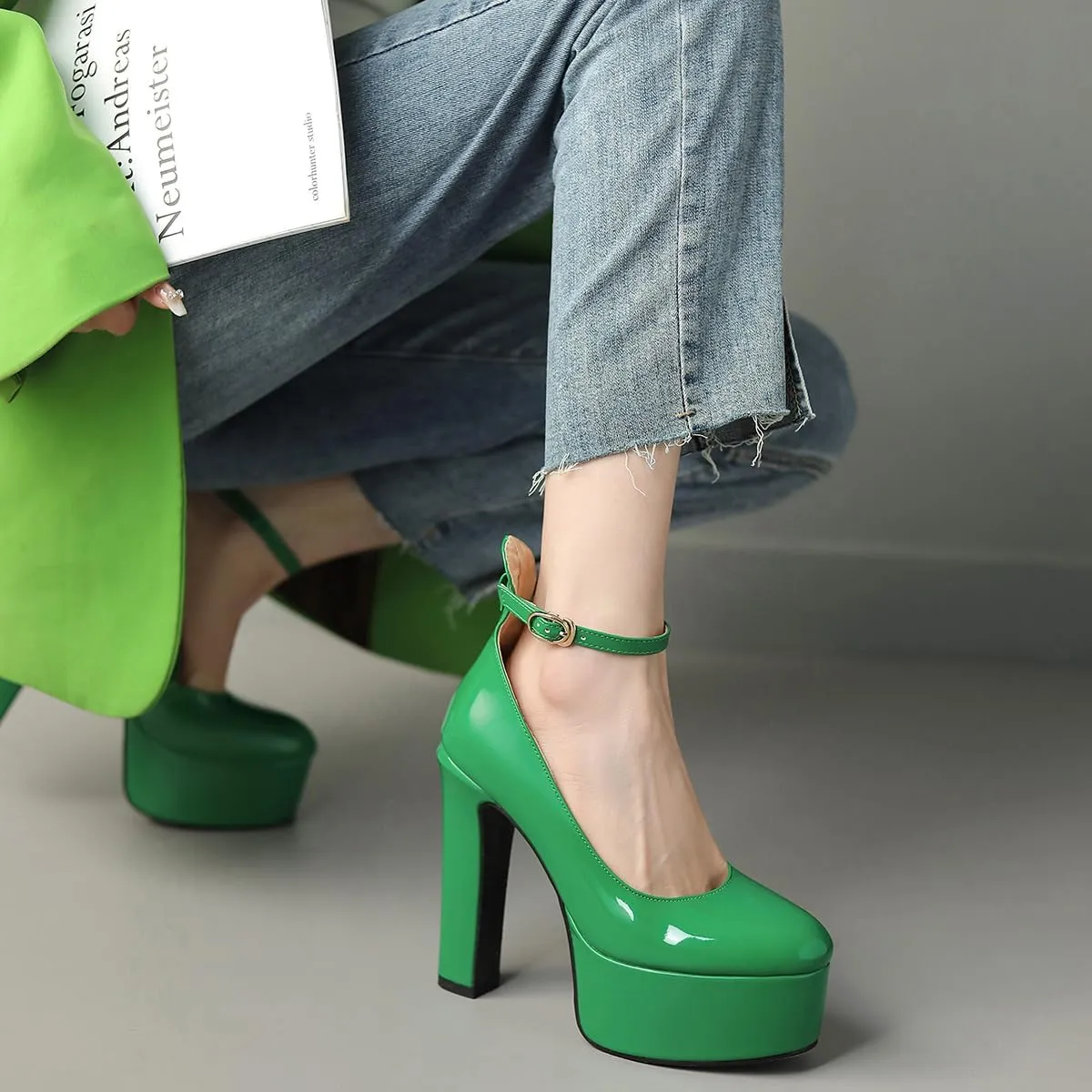 Womens Ankle Strap Thick Heel Platform Pumps Round Toe Block Heels Prom Pumps Buckles Flatform Dress Shoes