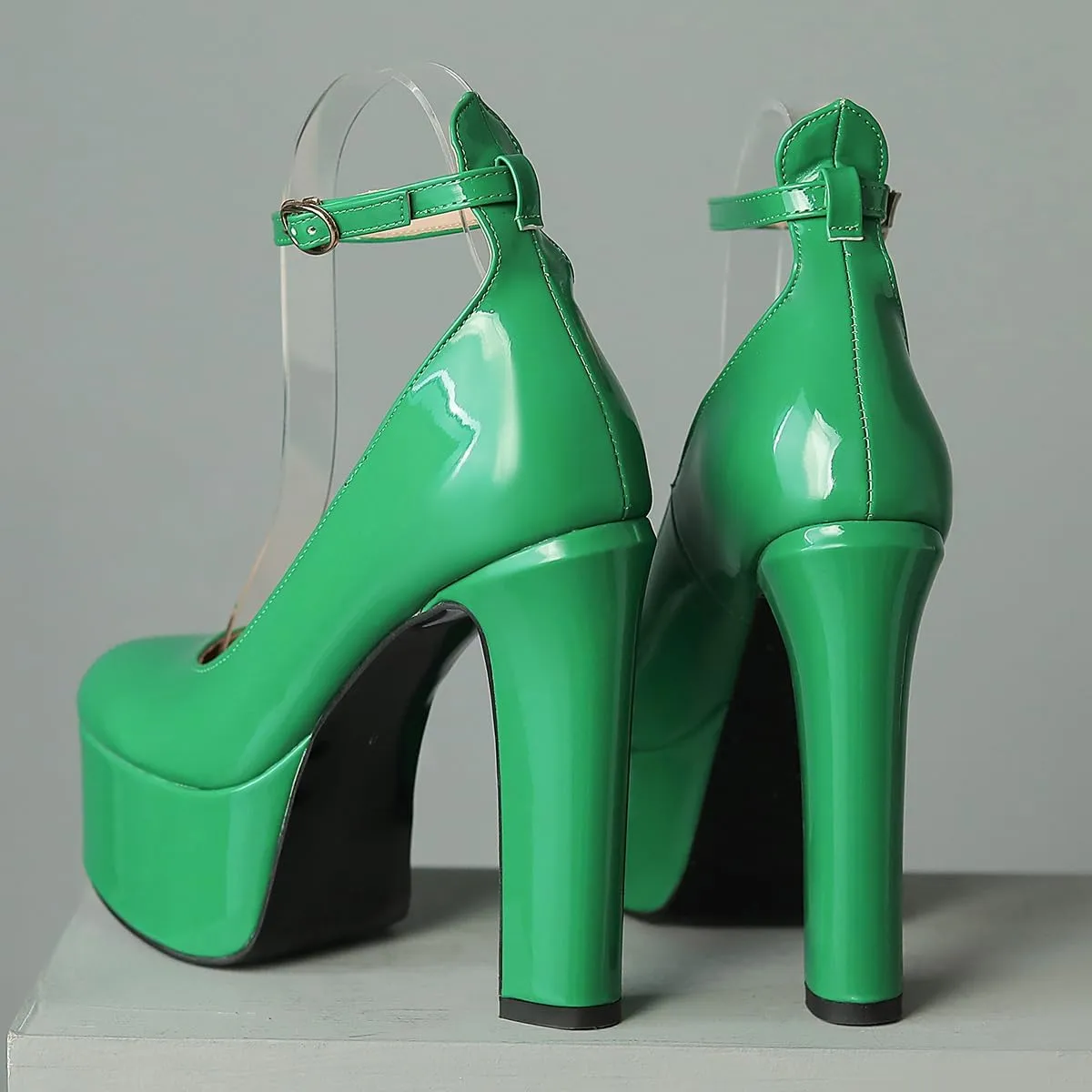 Womens Ankle Strap Thick Heel Platform Pumps Round Toe Block Heels Prom Pumps Buckles Flatform Dress Shoes