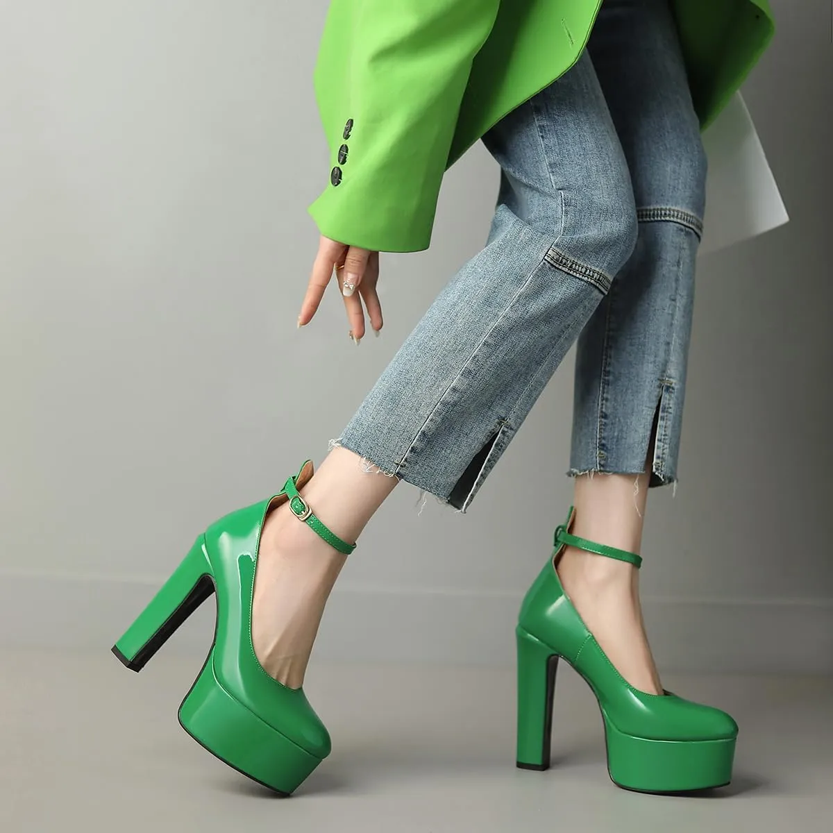 Womens Ankle Strap Thick Heel Platform Pumps Round Toe Block Heels Prom Pumps Buckles Flatform Dress Shoes