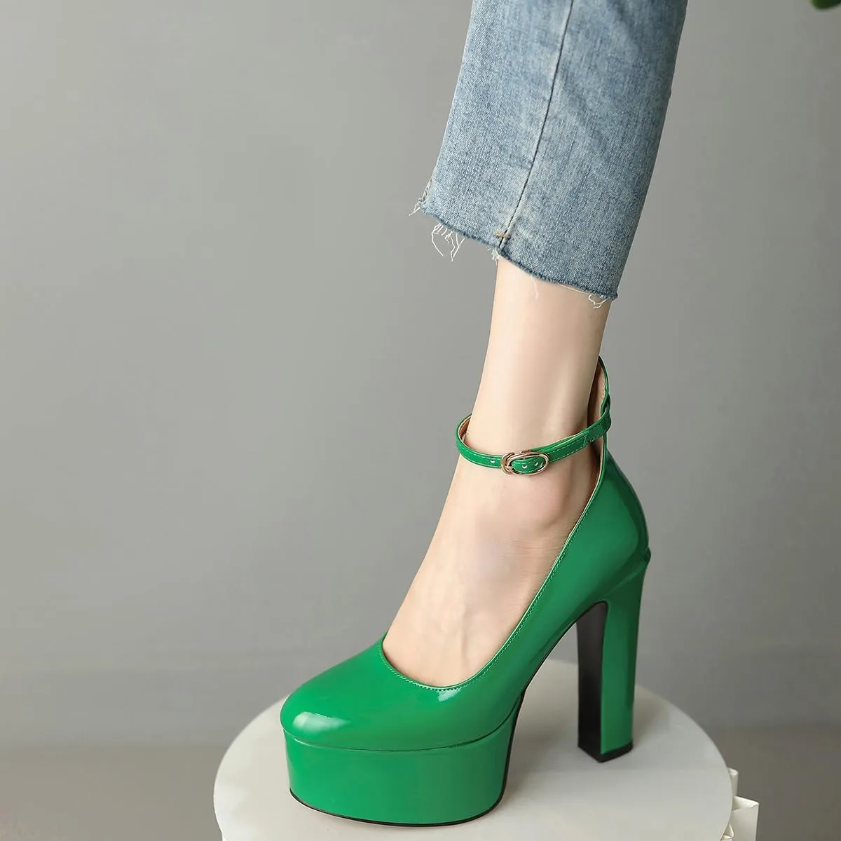 Womens Ankle Strap Thick Heel Platform Pumps Round Toe Block Heels Prom Pumps Buckles Flatform Dress Shoes