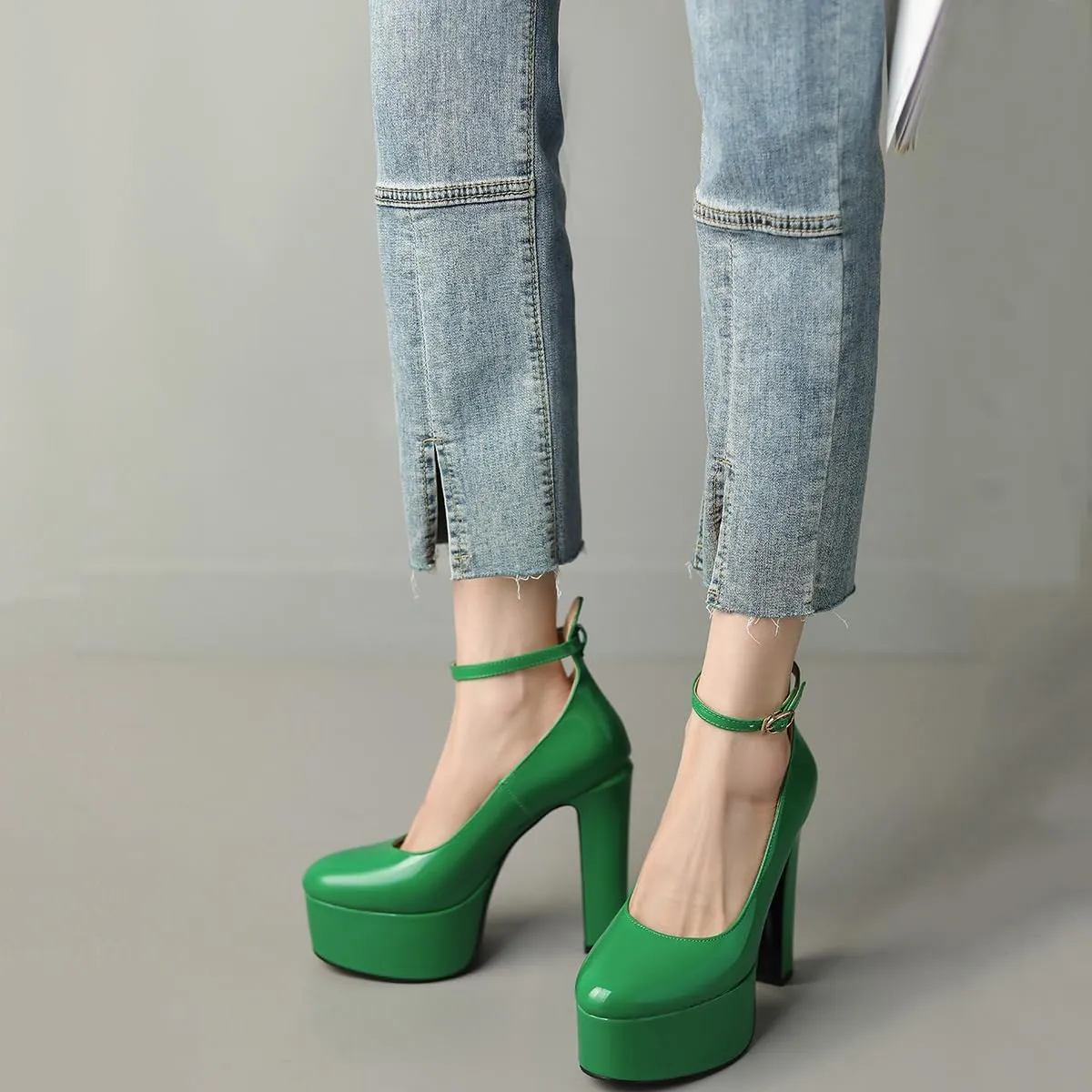 Womens Ankle Strap Thick Heel Platform Pumps Round Toe Block Heels Prom Pumps Buckles Flatform Dress Shoes
