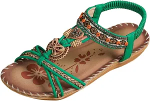 Women's Bohemian Sandals Summer Low Heel Slip On Ethnic Style Comfortable Beach Walking Casual Dressy Flat Sandal for Outfits