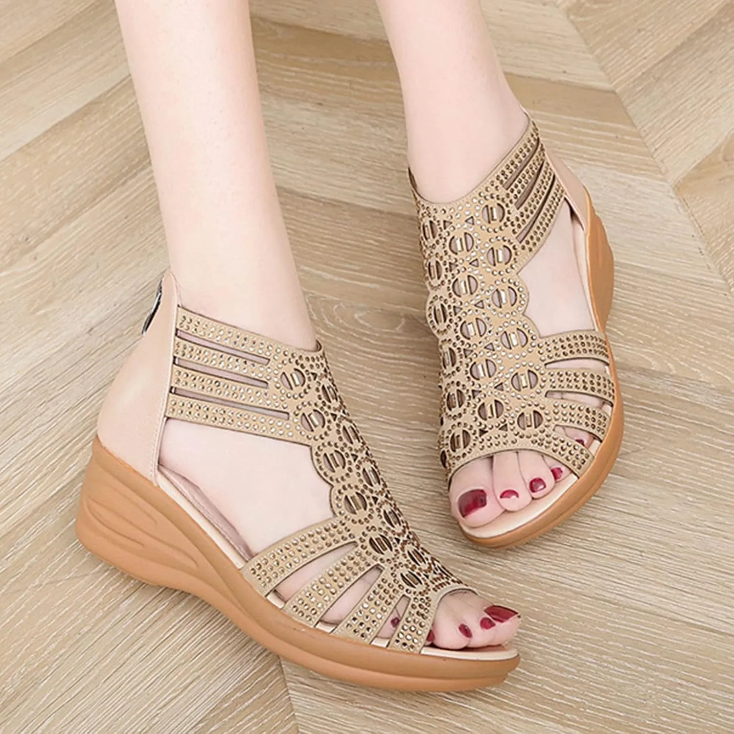 Women's Boho Gladiator Rhinestones Wedge Sandals,Cutout Comfy Sexy Cute Peep Toe Back Zip Orthopedic Dress Shoes