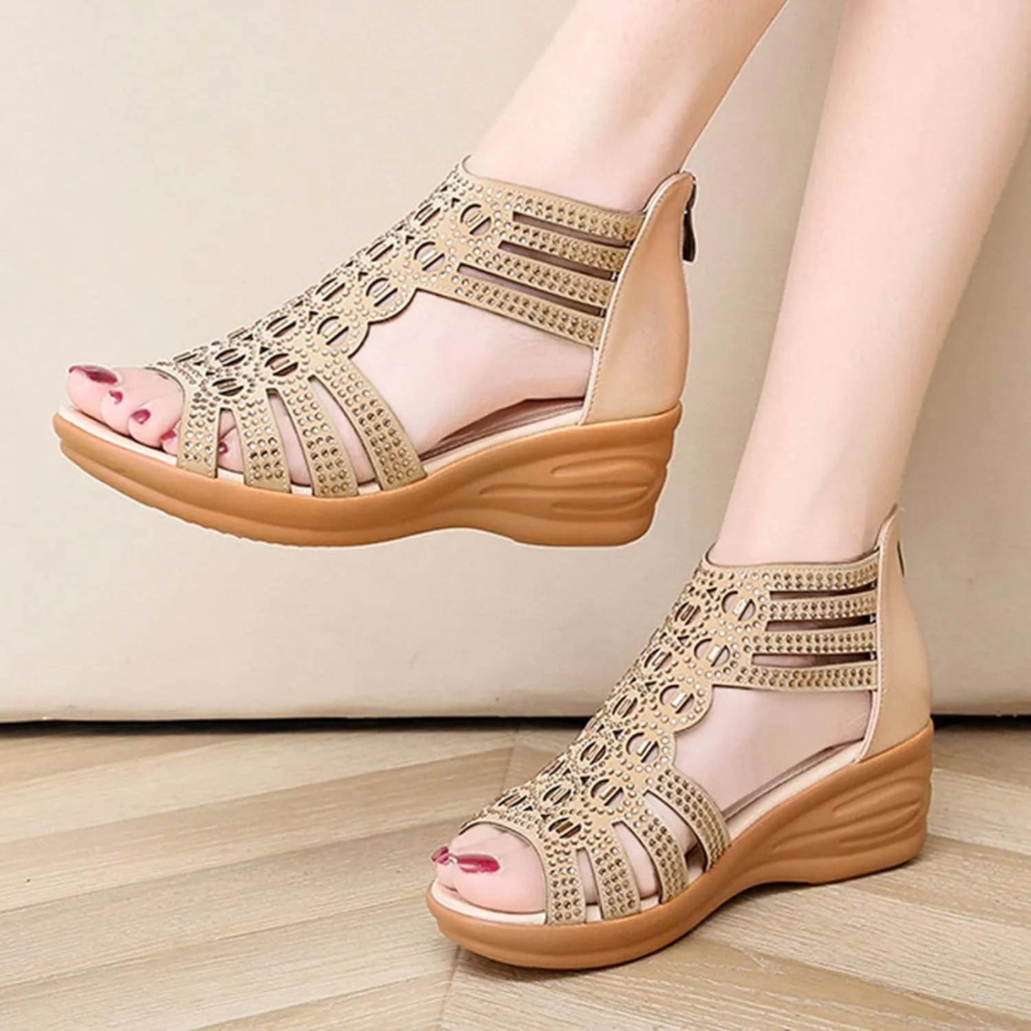 Women's Boho Gladiator Rhinestones Wedge Sandals,Cutout Comfy Sexy Cute Peep Toe Back Zip Orthopedic Dress Shoes