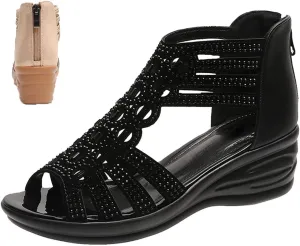 Women's Boho Gladiator Rhinestones Wedge Sandals,Cutout Comfy Sexy Cute Peep Toe Back Zip Orthopedic Dress Shoes