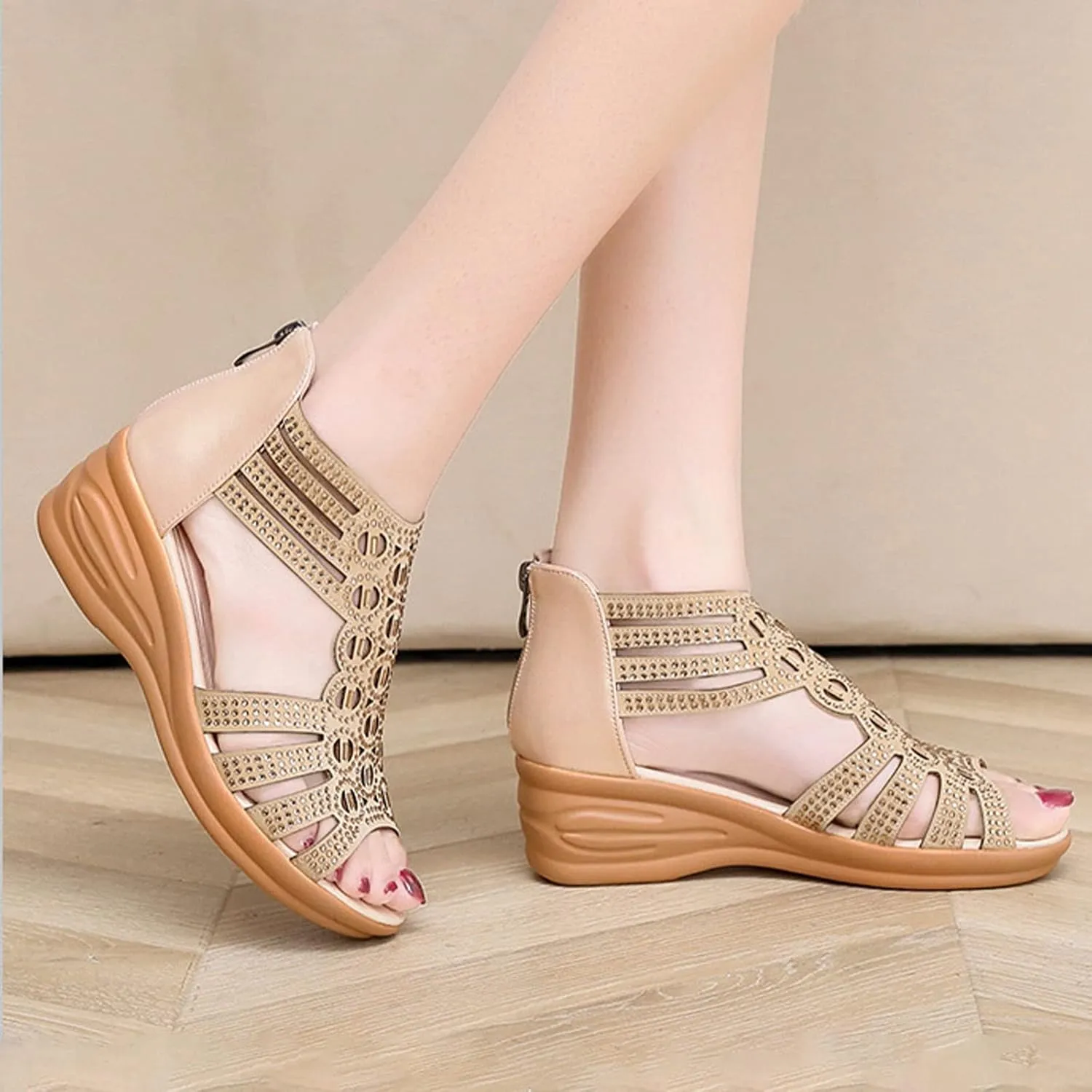 Women's Boho Gladiator Rhinestones Wedge Sandals,Cutout Comfy Sexy Cute Peep Toe Back Zip Orthopedic Dress Shoes