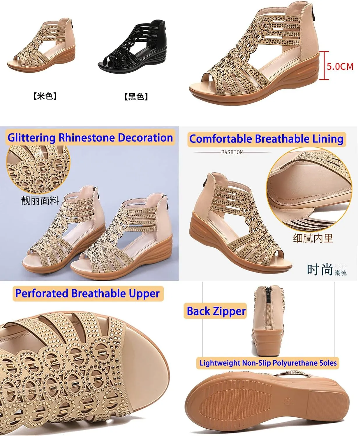 Women's Boho Gladiator Rhinestones Wedge Sandals,Cutout Comfy Sexy Cute Peep Toe Back Zip Orthopedic Dress Shoes