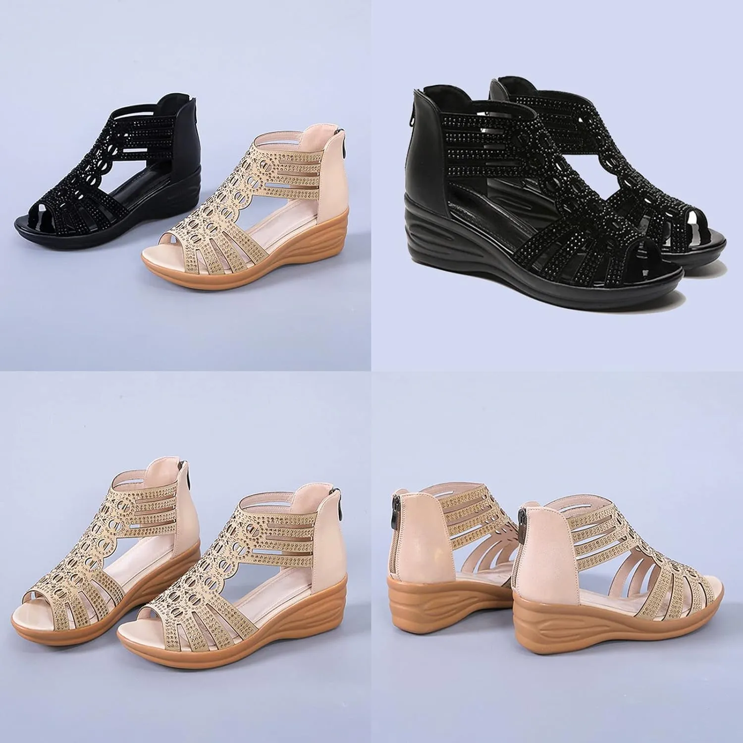 Women's Boho Gladiator Rhinestones Wedge Sandals,Cutout Comfy Sexy Cute Peep Toe Back Zip Orthopedic Dress Shoes