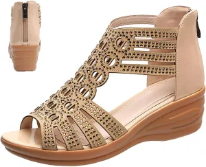 Women's Boho Gladiator Rhinestones Wedge Sandals,Cutout Comfy Sexy Cute Peep Toe Back Zip Orthopedic Dress Shoes