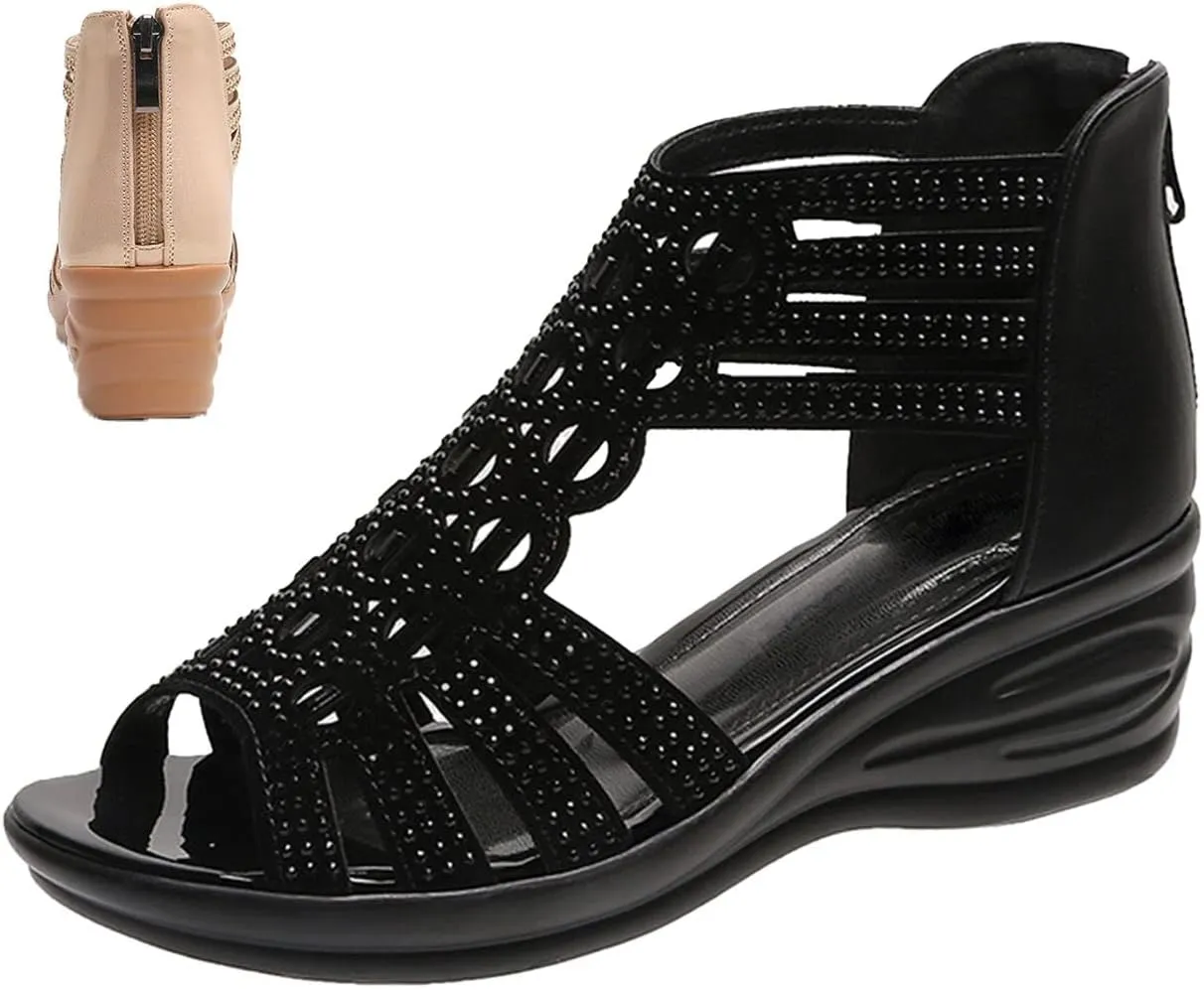 Women's Boho Gladiator Rhinestones Wedge Sandals,Cutout Comfy Sexy Cute Peep Toe Back Zip Orthopedic Dress Shoes