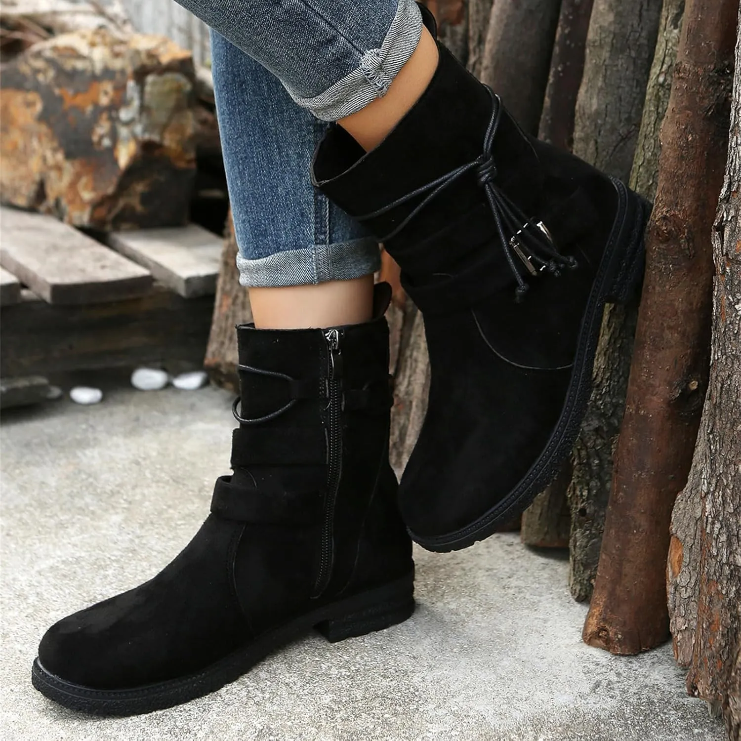 Womens Dress Bo_ots Low He_el Comfortable Mid_Calf Riding Winter bo_ots Motorcycle Combat Military Biker Ankle bo_oties