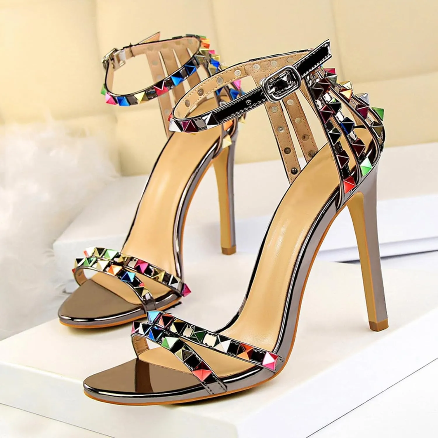 Women's Heeled Sandals Fashion Stilettos Open Shallow Mouthed Heels Sexy Nightclub Comfort Hollowed Out Strappy Dress Shoes Wedding Bridal Pumps Rivet Cutout Sandals