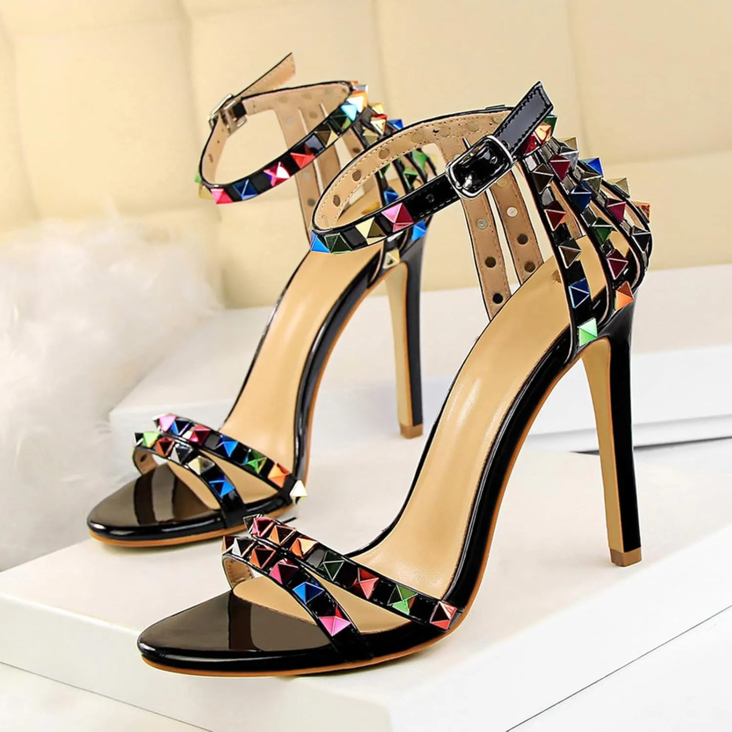 Women's Heeled Sandals Fashion Stilettos Open Shallow Mouthed Heels Sexy Nightclub Comfort Hollowed Out Strappy Dress Shoes Wedding Bridal Pumps Rivet Cutout Sandals