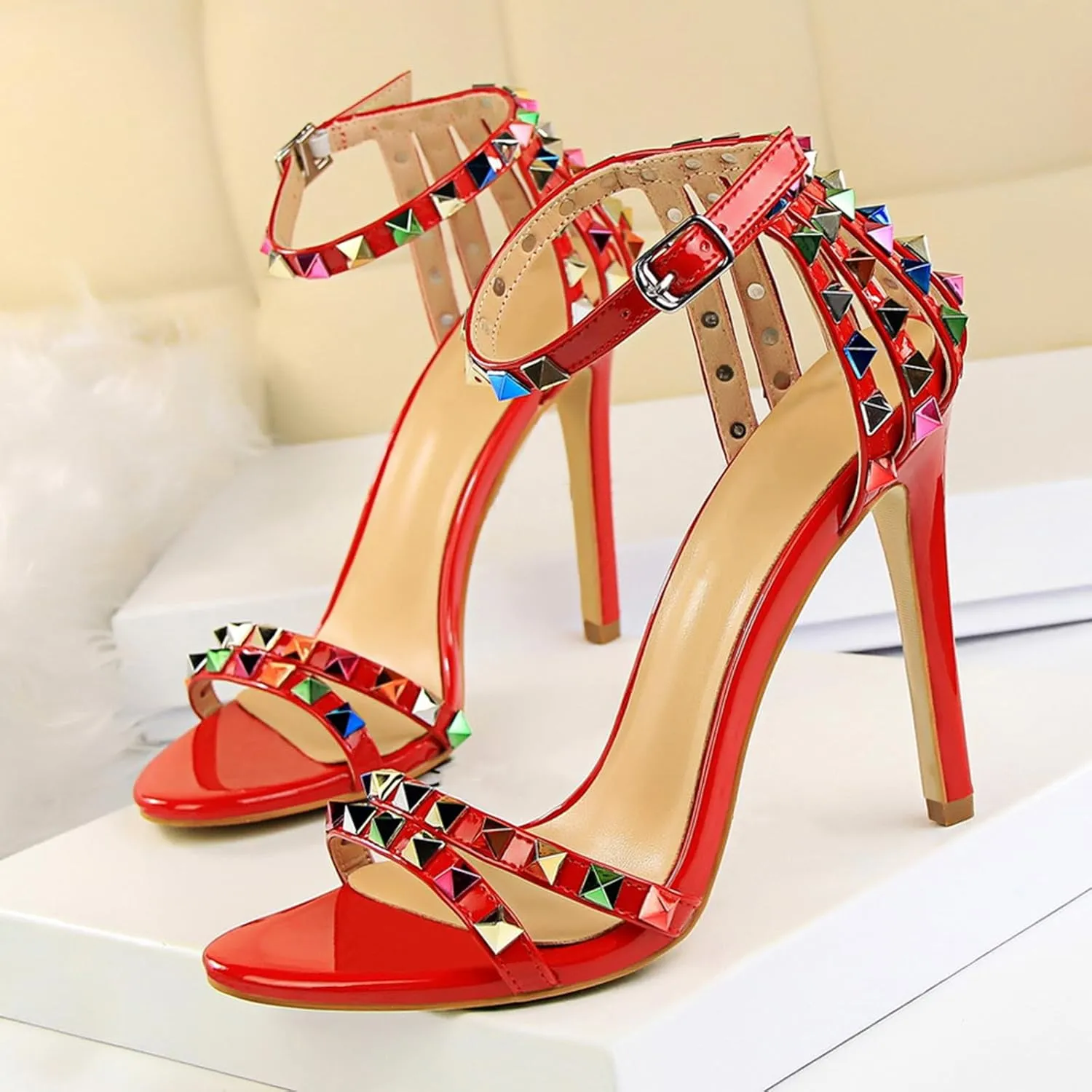 Women's Heeled Sandals Fashion Stilettos Open Shallow Mouthed Heels Sexy Nightclub Comfort Hollowed Out Strappy Dress Shoes Wedding Bridal Pumps Rivet Cutout Sandals