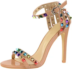 Women's Heeled Sandals Fashion Stilettos Open Shallow Mouthed Heels Sexy Nightclub Comfort Hollowed Out Strappy Dress Shoes Wedding Bridal Pumps Rivet Cutout Sandals