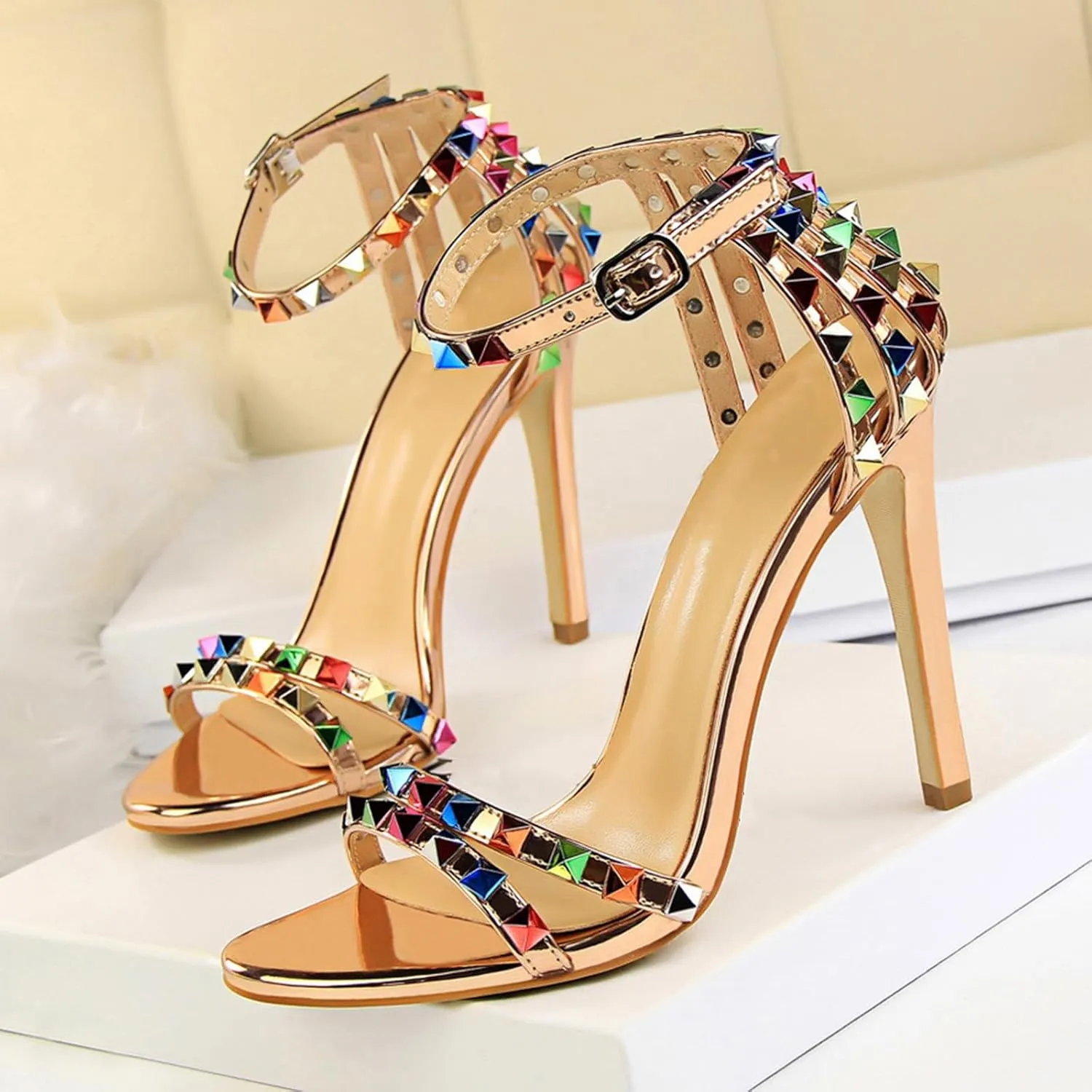 Women's Heeled Sandals Fashion Stilettos Open Shallow Mouthed Heels Sexy Nightclub Comfort Hollowed Out Strappy Dress Shoes Wedding Bridal Pumps Rivet Cutout Sandals