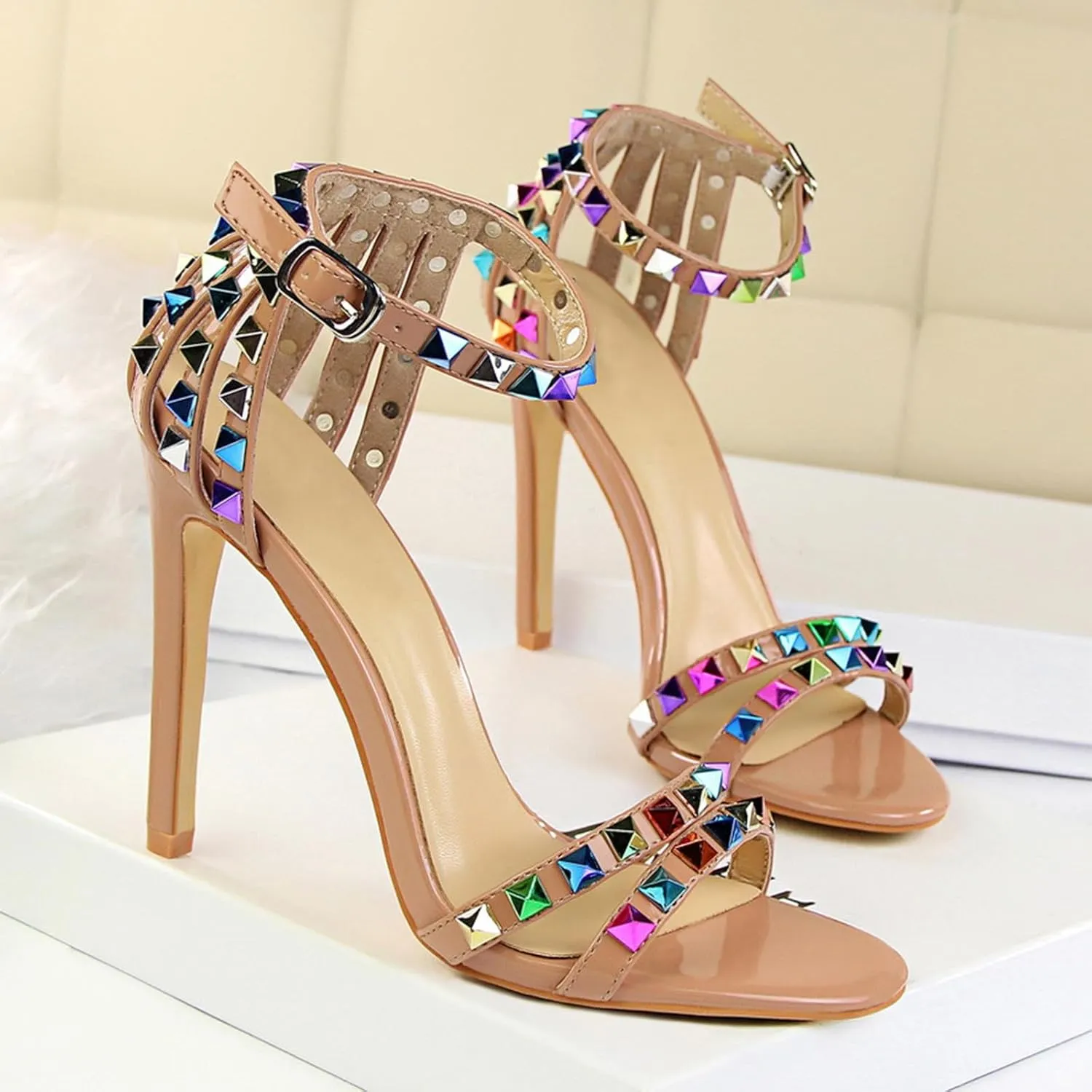Women's Heeled Sandals Fashion Stilettos Open Shallow Mouthed Heels Sexy Nightclub Comfort Hollowed Out Strappy Dress Shoes Wedding Bridal Pumps Rivet Cutout Sandals