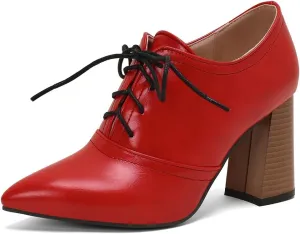 Women's Pointed Toe Chunky Stacked High Heels Pumps Shoes Lace Up Casual Comfort Work Office Dress Shoe