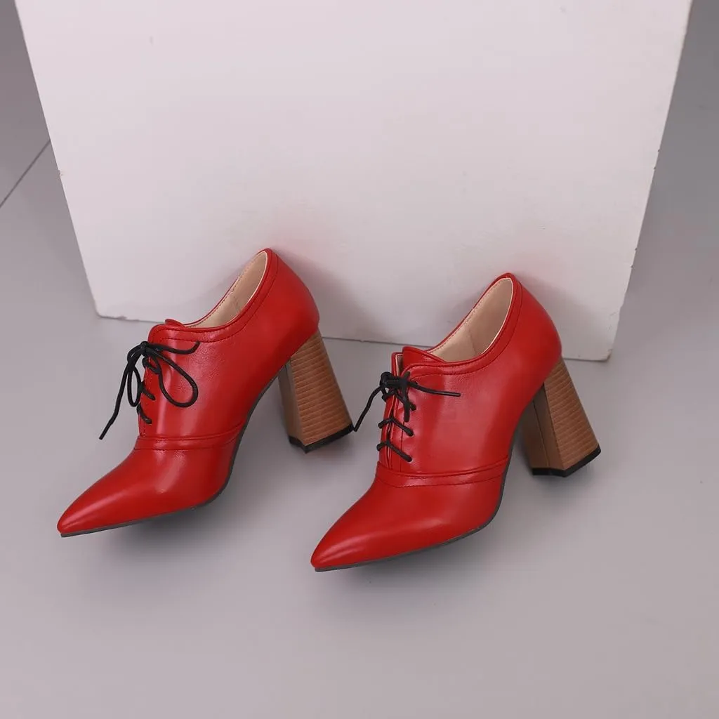 Women's Pointed Toe Chunky Stacked High Heels Pumps Shoes Lace Up Casual Comfort Work Office Dress Shoe