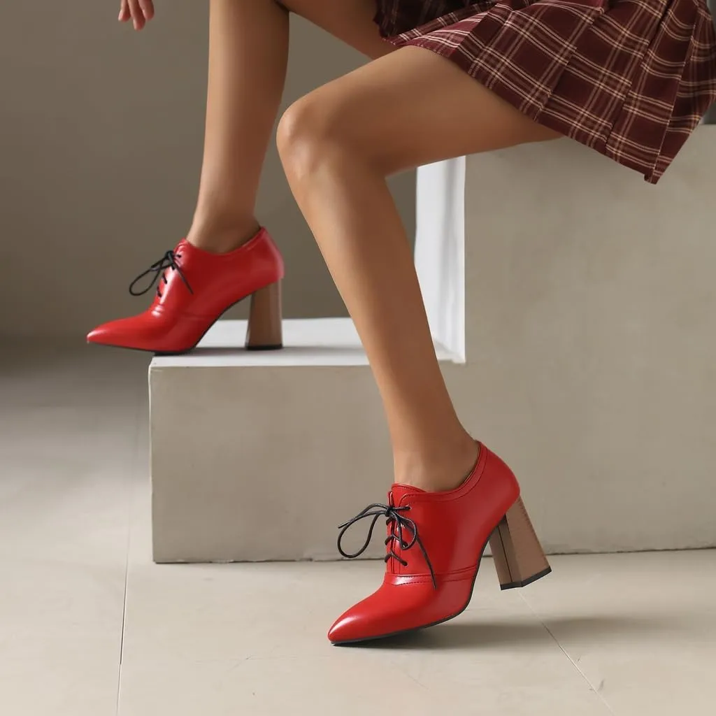 Women's Pointed Toe Chunky Stacked High Heels Pumps Shoes Lace Up Casual Comfort Work Office Dress Shoe