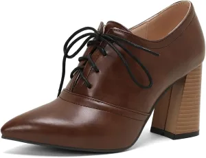 Women's Pointed Toe Chunky Stacked High Heels Pumps Shoes Lace Up Casual Comfort Work Office Dress Shoe
