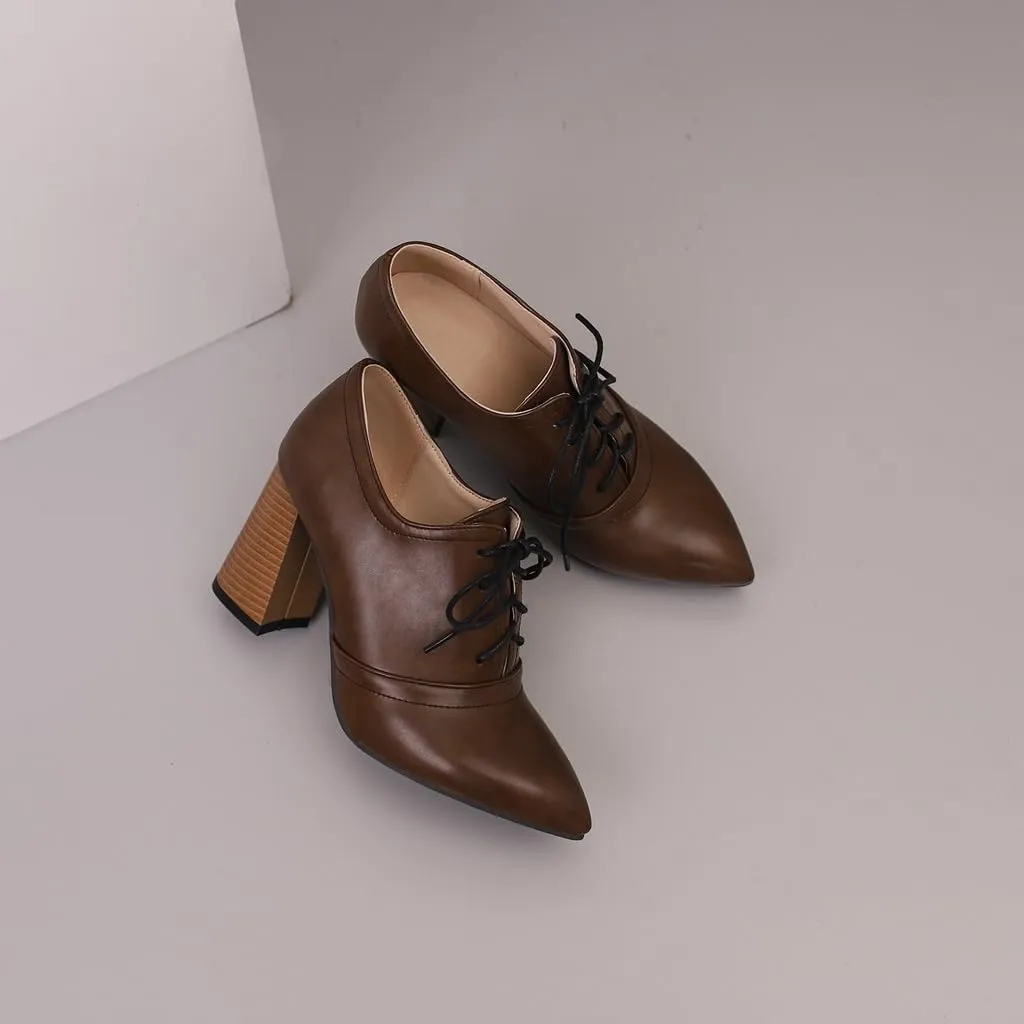 Women's Pointed Toe Chunky Stacked High Heels Pumps Shoes Lace Up Casual Comfort Work Office Dress Shoe