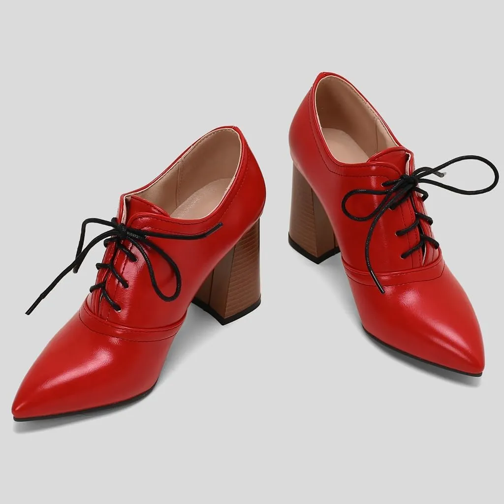 Women's Pointed Toe Chunky Stacked High Heels Pumps Shoes Lace Up Casual Comfort Work Office Dress Shoe
