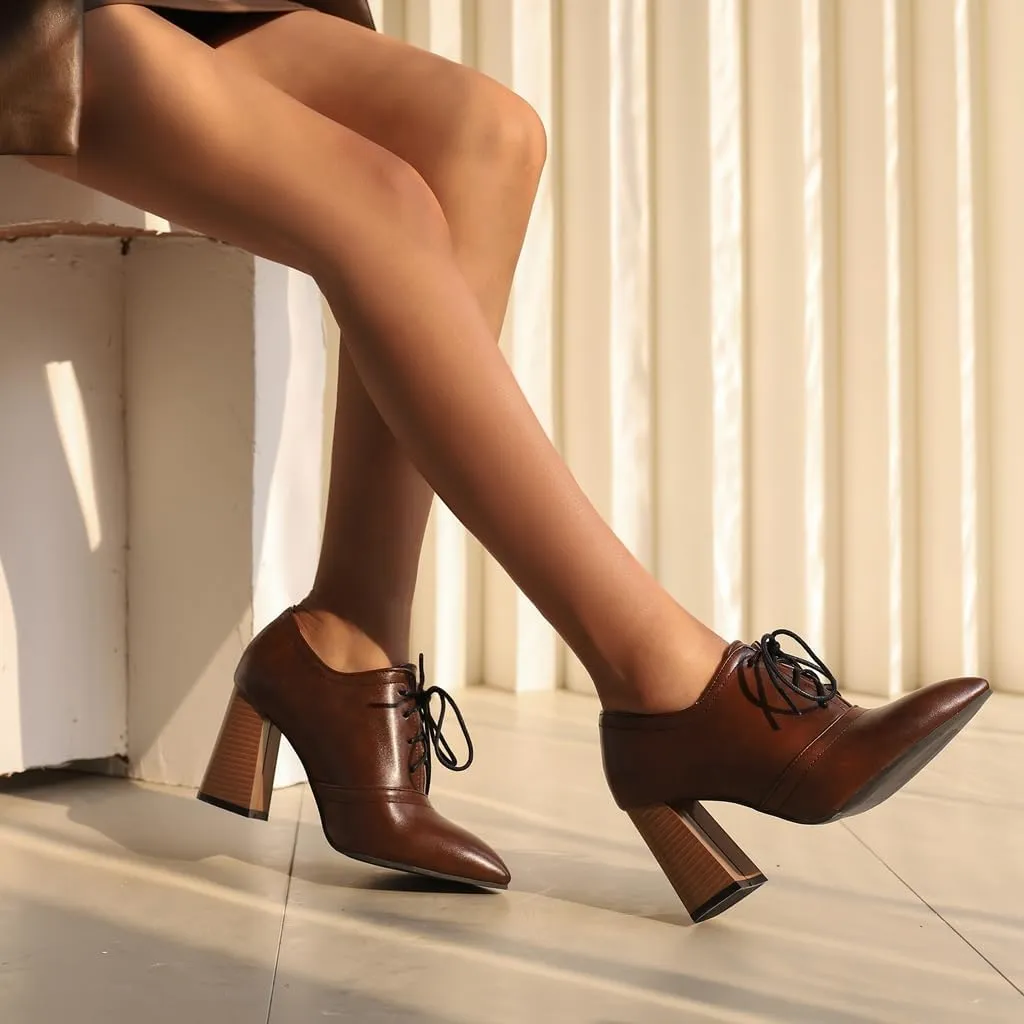 Women's Pointed Toe Chunky Stacked High Heels Pumps Shoes Lace Up Casual Comfort Work Office Dress Shoe