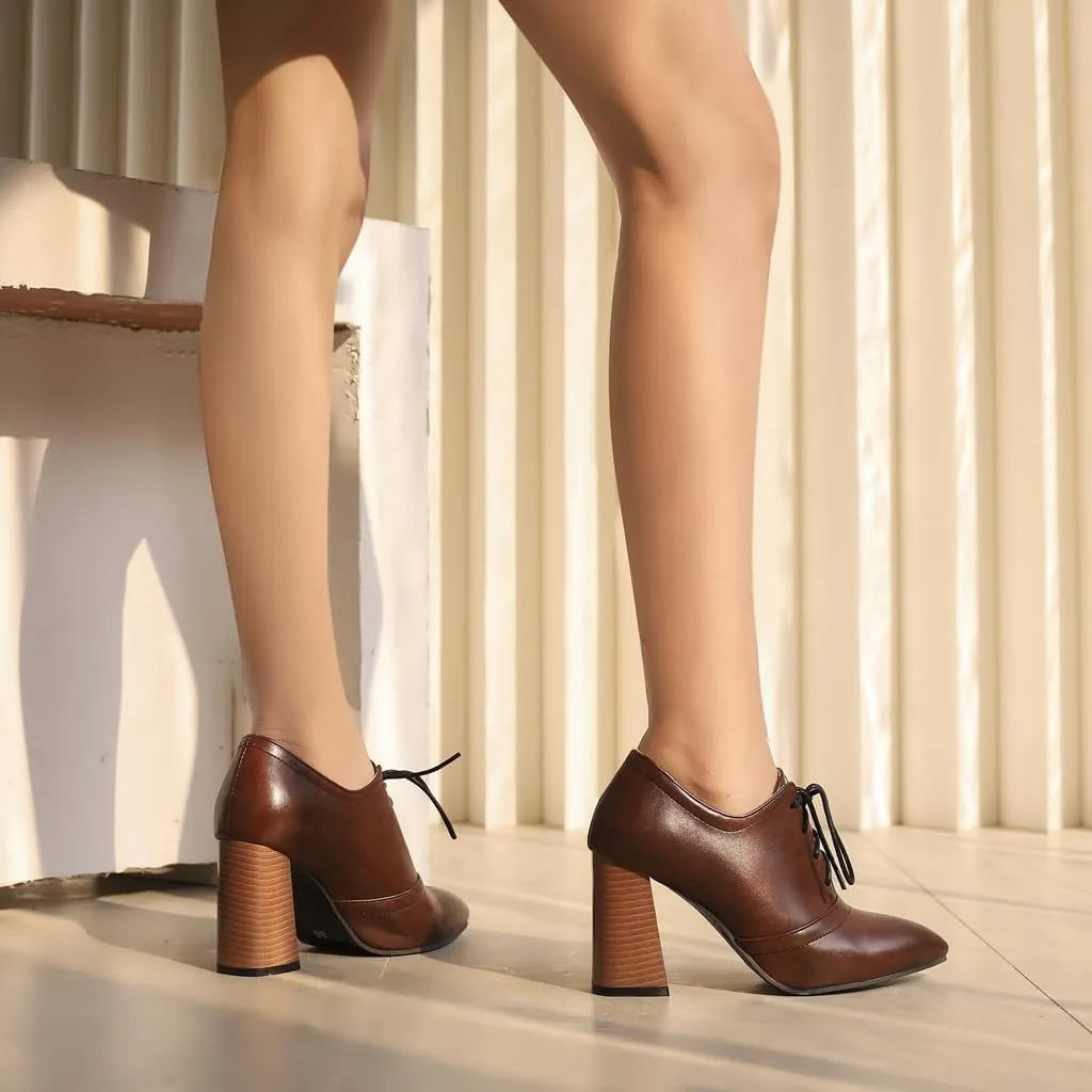 Women's Pointed Toe Chunky Stacked High Heels Pumps Shoes Lace Up Casual Comfort Work Office Dress Shoe