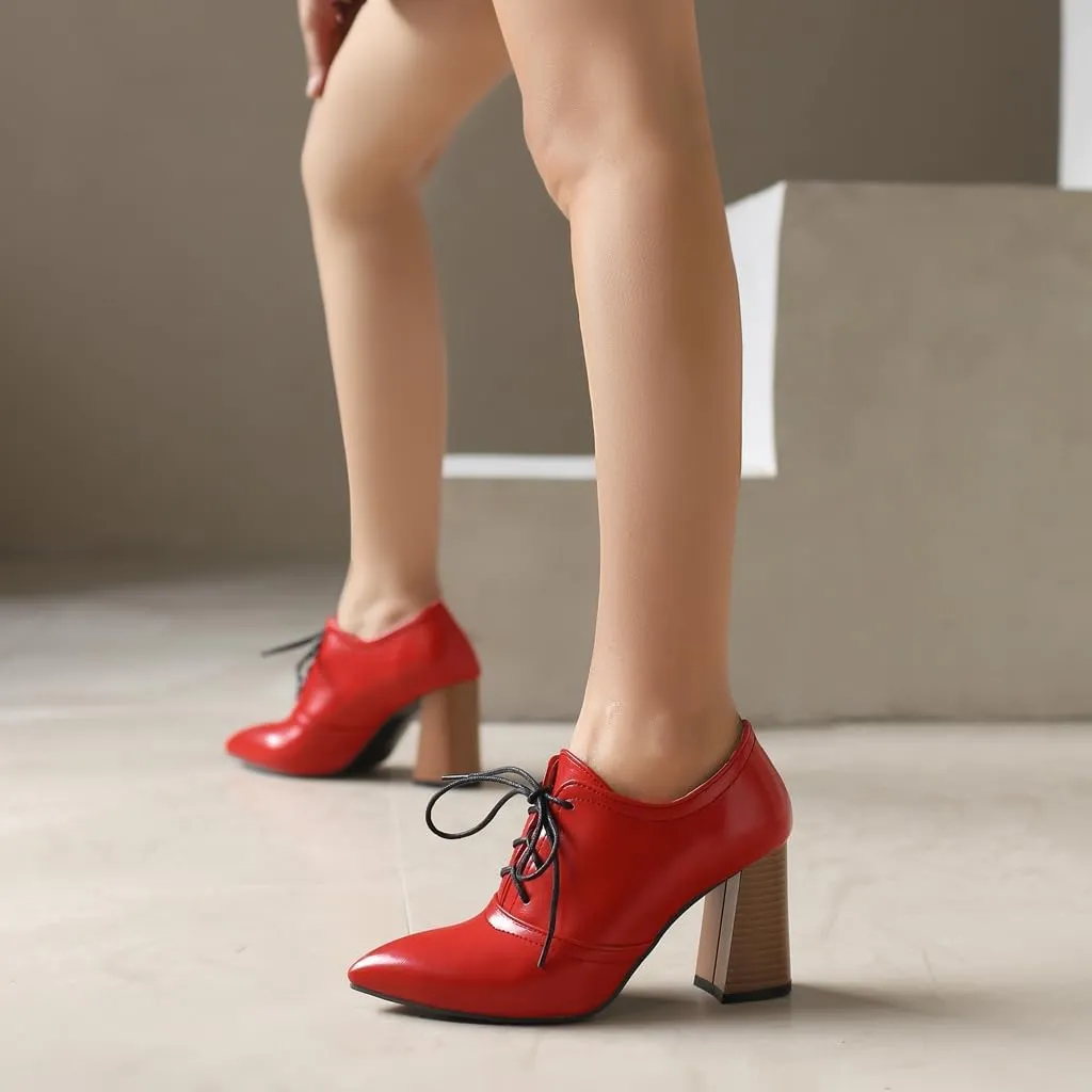 Women's Pointed Toe Chunky Stacked High Heels Pumps Shoes Lace Up Casual Comfort Work Office Dress Shoe