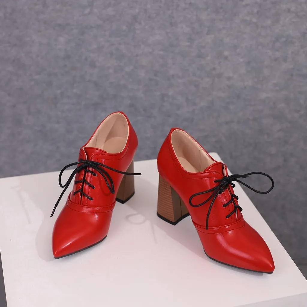 Women's Pointed Toe Chunky Stacked High Heels Pumps Shoes Lace Up Casual Comfort Work Office Dress Shoe