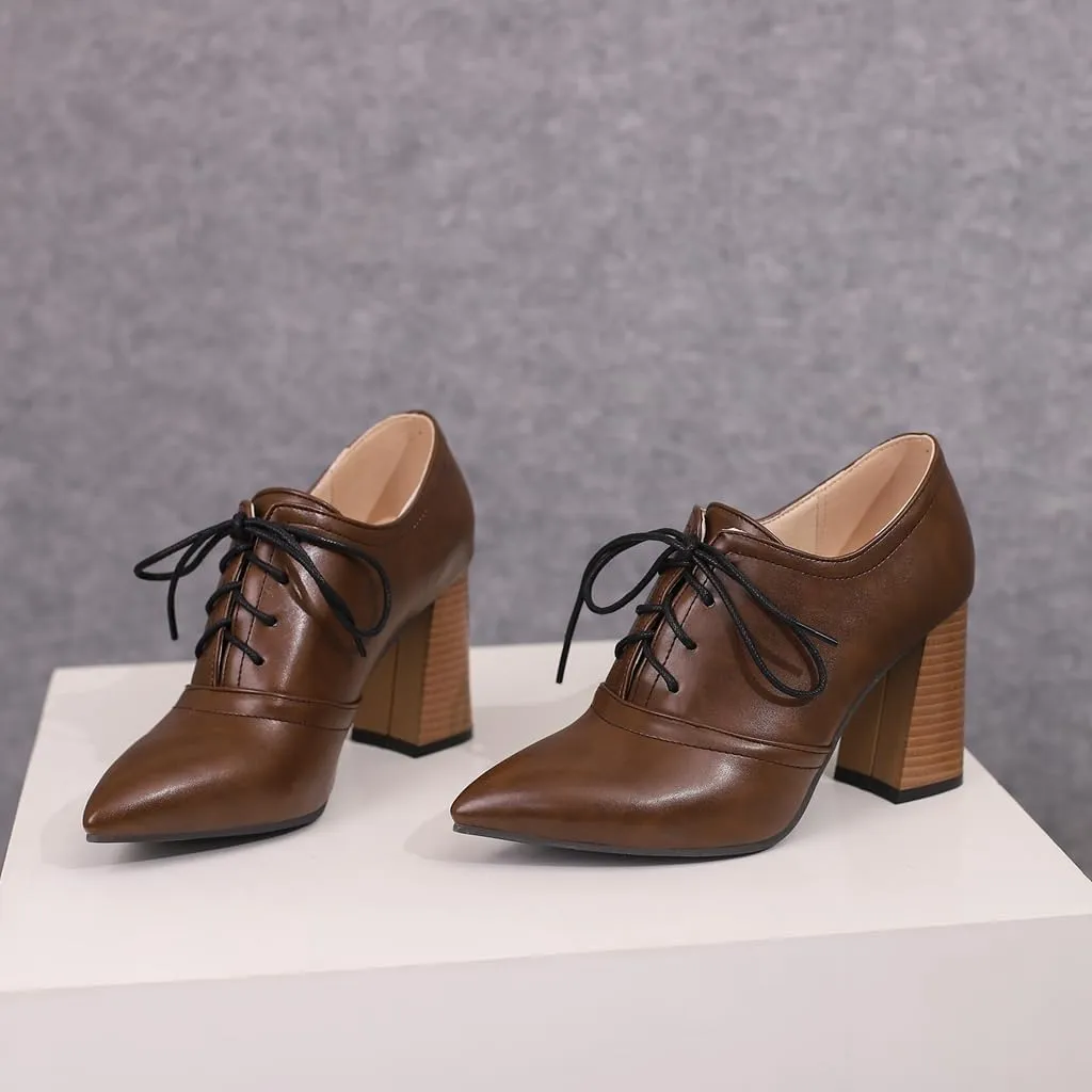Women's Pointed Toe Chunky Stacked High Heels Pumps Shoes Lace Up Casual Comfort Work Office Dress Shoe