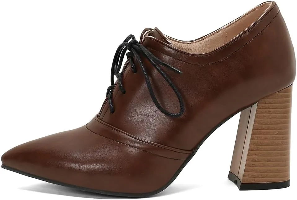 Women's Pointed Toe Chunky Stacked High Heels Pumps Shoes Lace Up Casual Comfort Work Office Dress Shoe